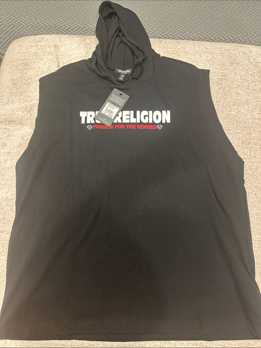 True Religion Black Hooded Sleeveless Tee with White Logo
